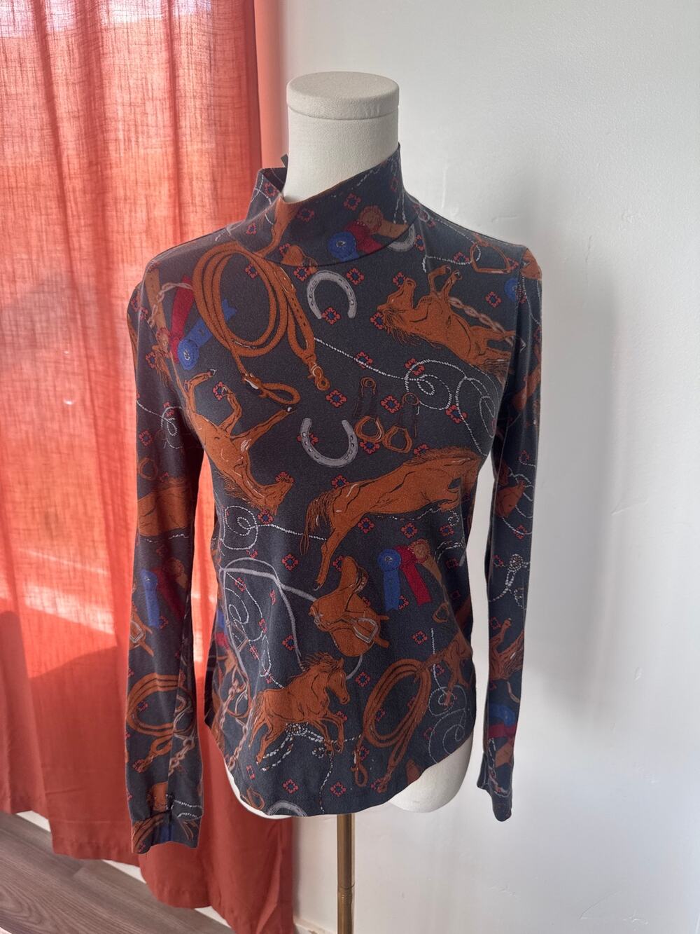 Anthropologie Adventurer Horse Western Cowgirl Print Top Turtleneck Country